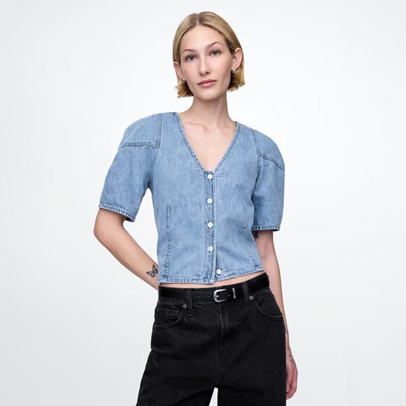 GAP Women’s Barrel Sleeve Denim Blouse Button Up Top Blue Size Small - Picture 1 of 8